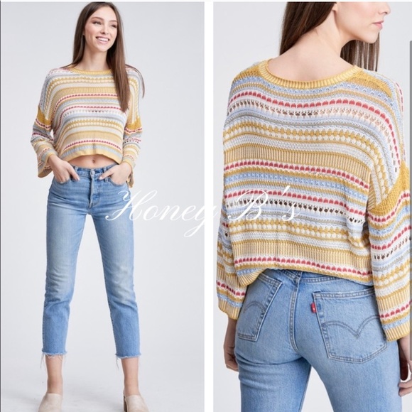 New!clearance Stripe knit Crop open weave sweater - Picture 2 of 2